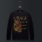 Men's rhinestone sweatshirt with a striking "Savage" motif, designed for unique fashion styles.