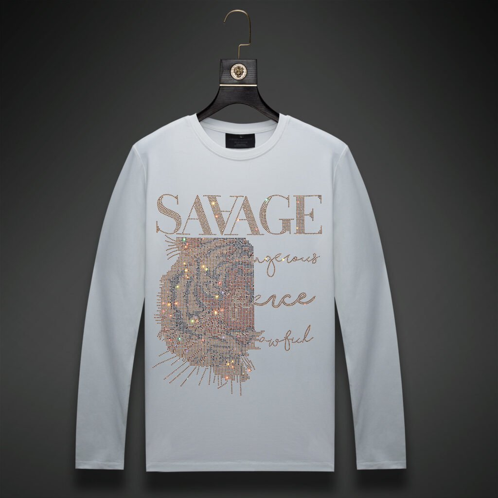 White men's rhinestone sweatshirt showcasing a stylish "Savage" text design with intricate details.