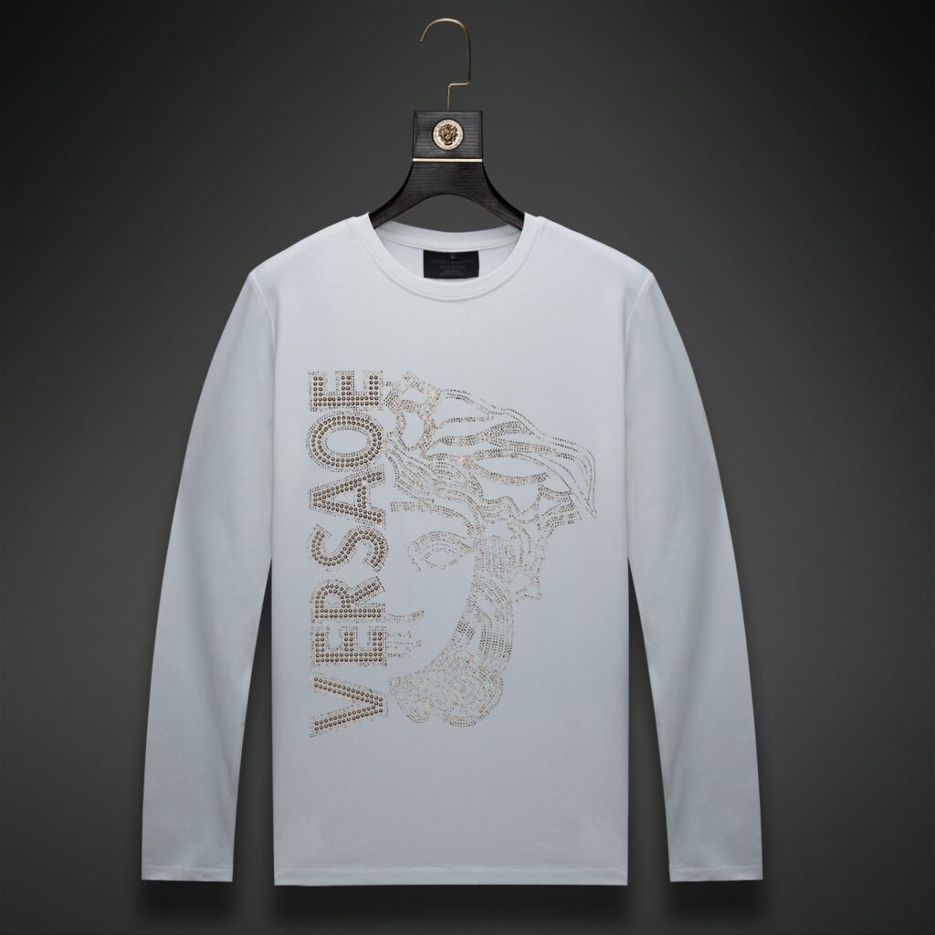 Elegant white men's rhinestone sweatshirt featuring a Versace-inspired graphic for standout appeal.