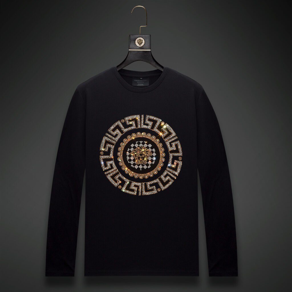 Black men's rhinestone sweatshirt adorned with a gold medallion-style graphic for a luxurious look.