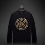 Black men's rhinestone sweatshirt adorned with a gold medallion-style graphic for a luxurious look.