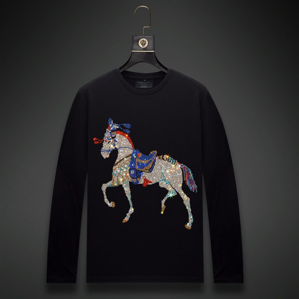 Unique black rhinestone sweatshirt for men featuring an artistic horse design with vibrant rhinestones.