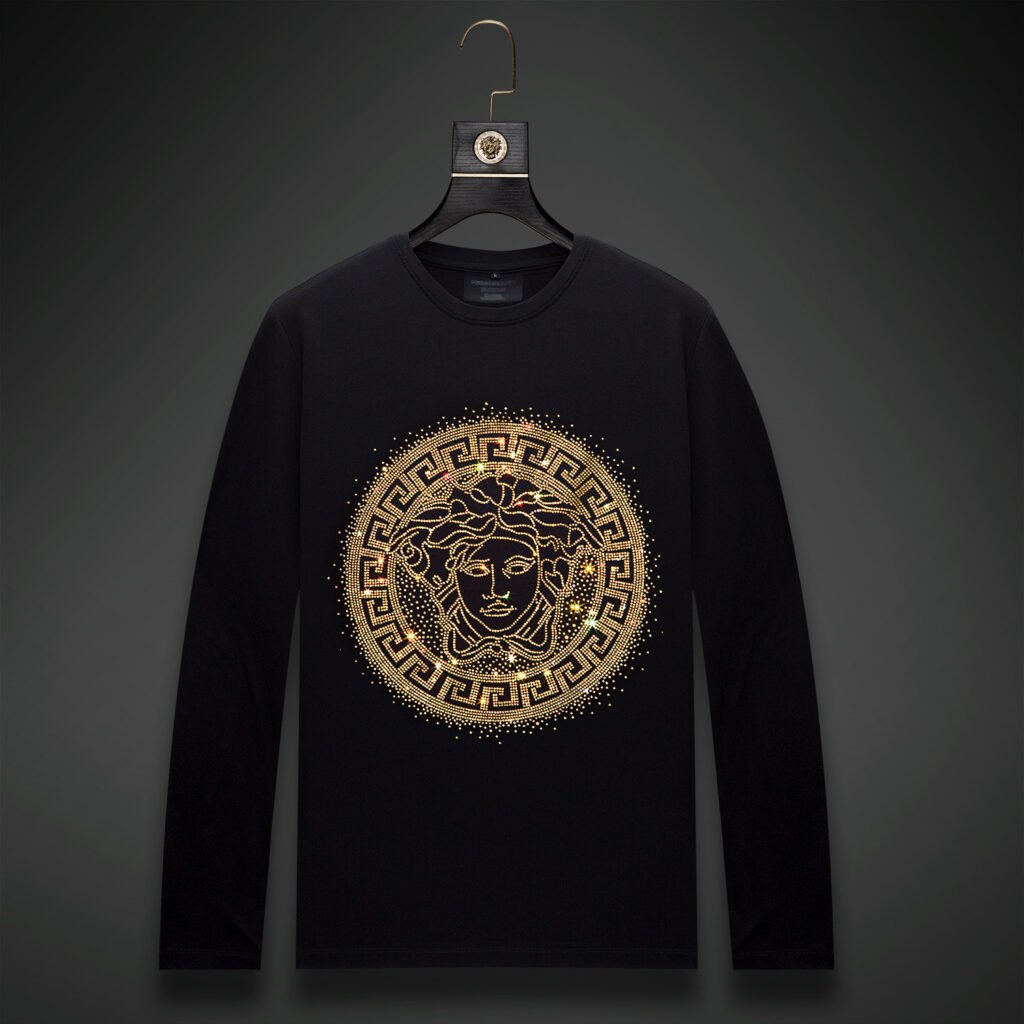 Black men's rhinestone sweatshirt with a golden Medusa-inspired graphic for luxury fashion.