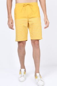 Front view of men's yellow striped casual shorts from custom shorts manufacturer