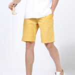 Back view of men's yellow striped casual shorts from custom shorts manufacturer