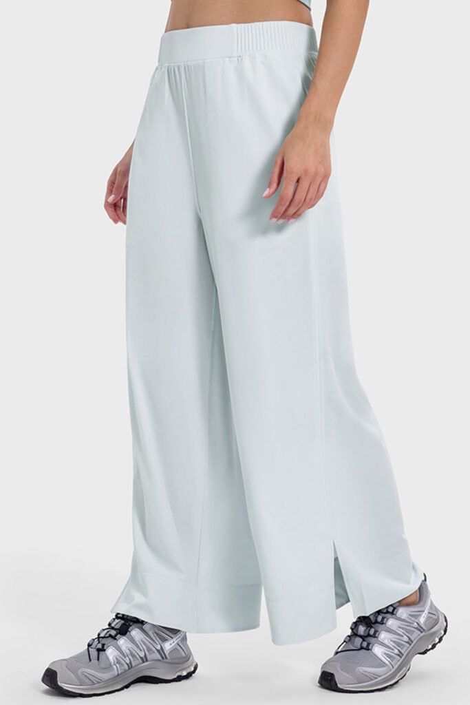 Pale blue drape wide-leg pants with a side split, shown from the back.