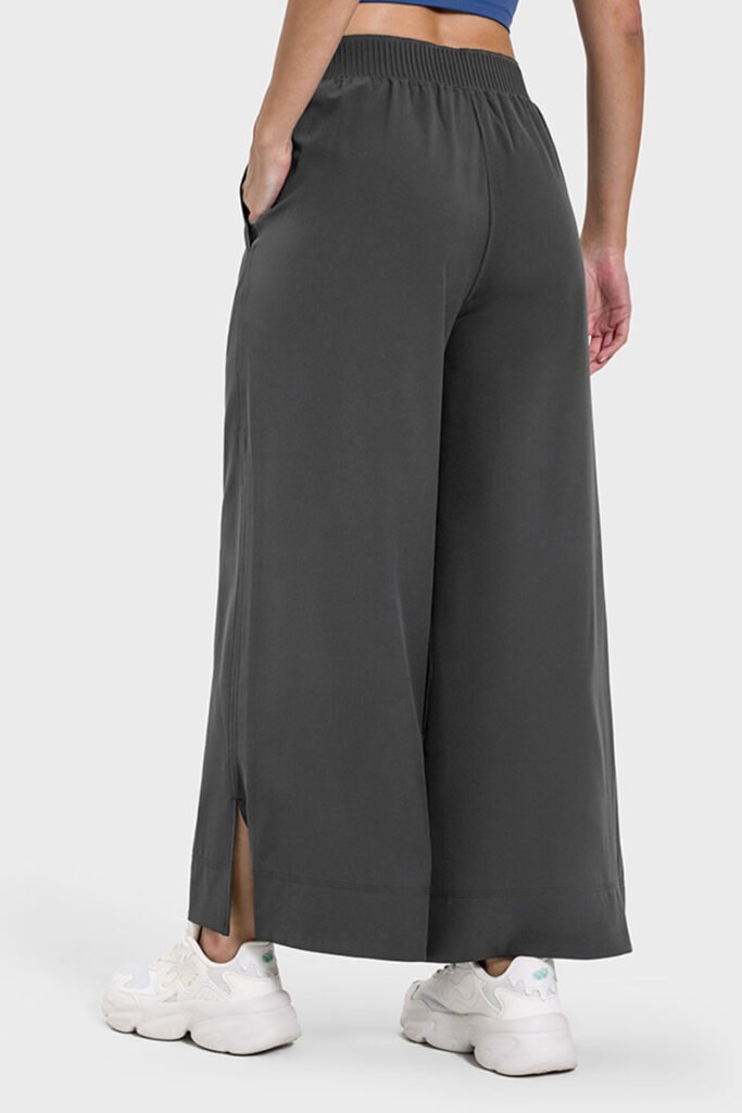 Dark gray drape wide-leg pants with a side split, shown from the back.