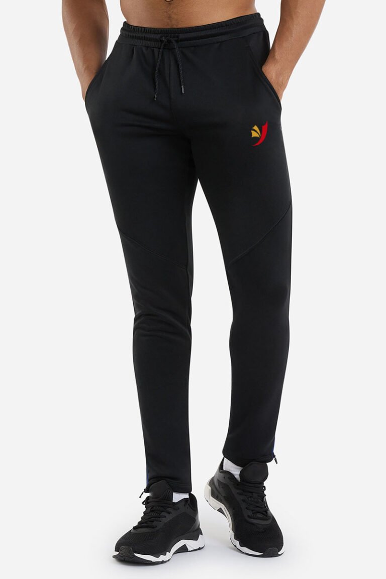 Front view of custom track pants showing breathable polyester fabric and tailored fit.