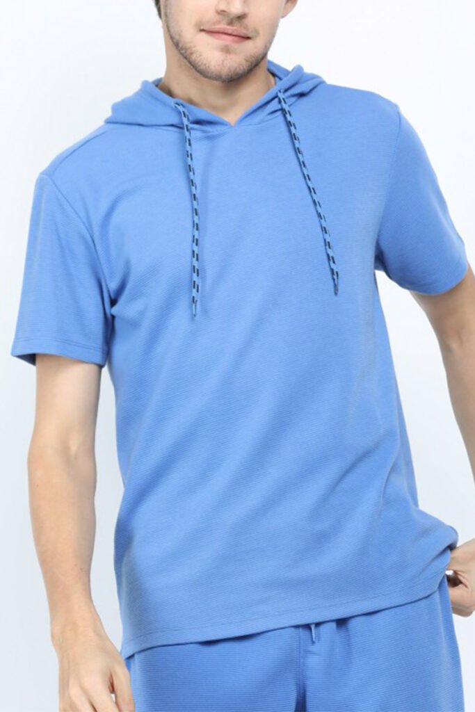 Men's hooded t-shirt front view in breathable jersey fabric - Yuanyi Apparel