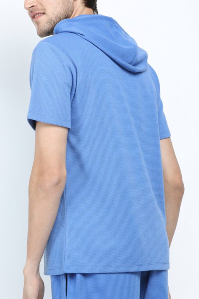 Back view of men's hooded t-shirt in lightweight jersey fabric - Yuanyi Apparel