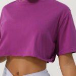 Oversized crop top workout t-shirt in purple for women.