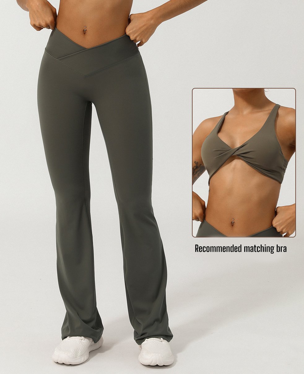 Brown flare yoga pants with cross waistband design, ideal for gym and yoga sessions.